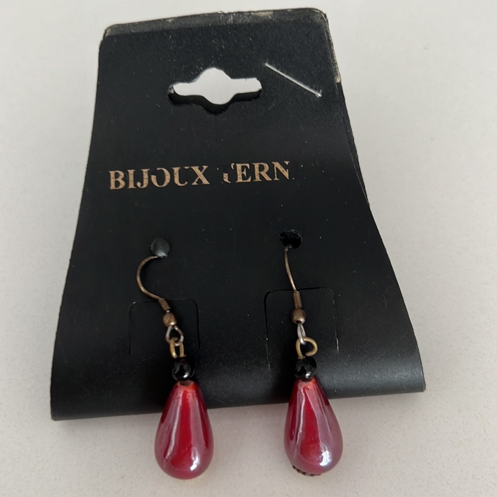 Bijoux Terner Pink Glass Black Teardrop Earrings Silver Pierced Boho Ethnic NWT - Picture 2 of 8